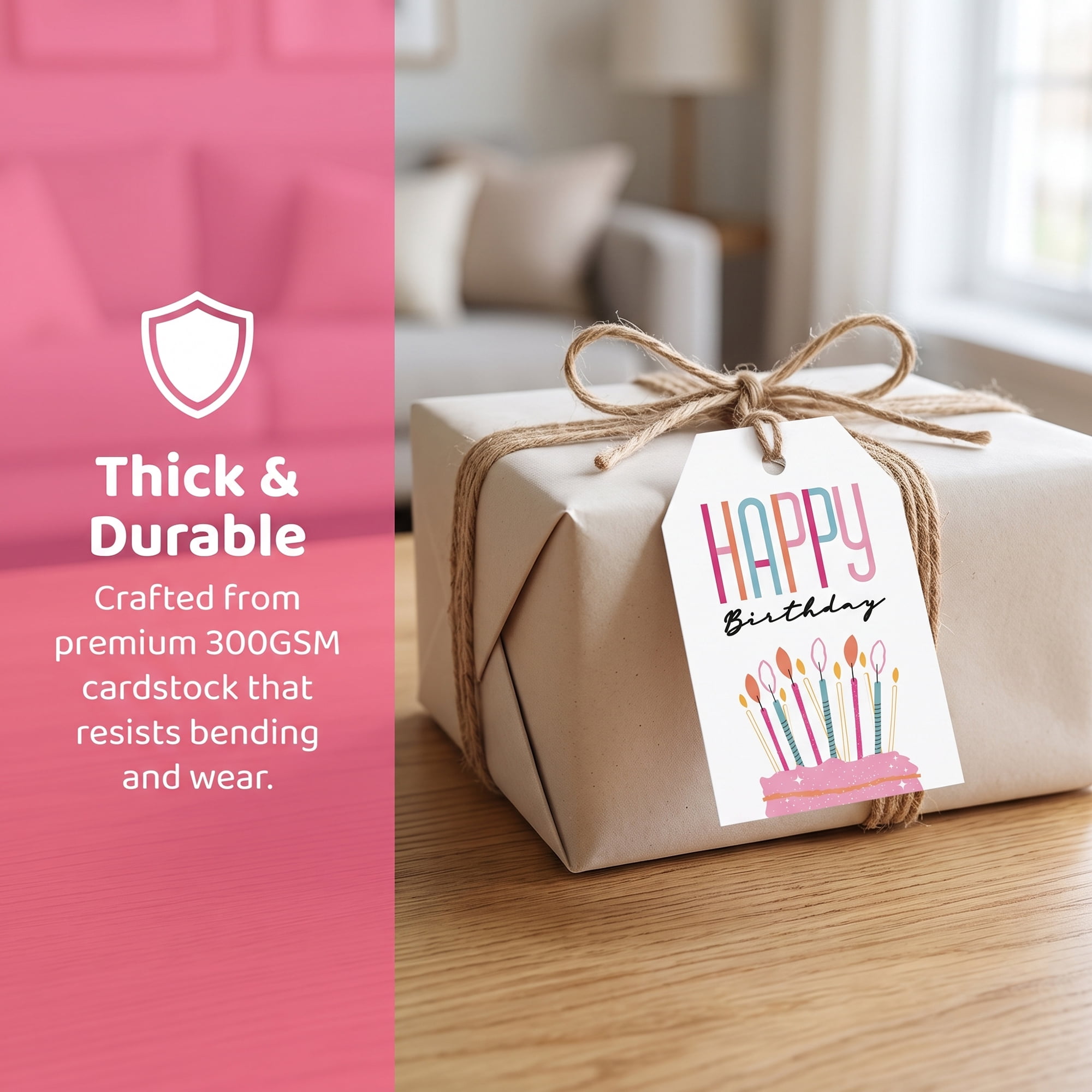 Unique Bargains 100Pcs Elegant Birthday Gift Tags with Twine Tall Font Cake 2" x 3.1"