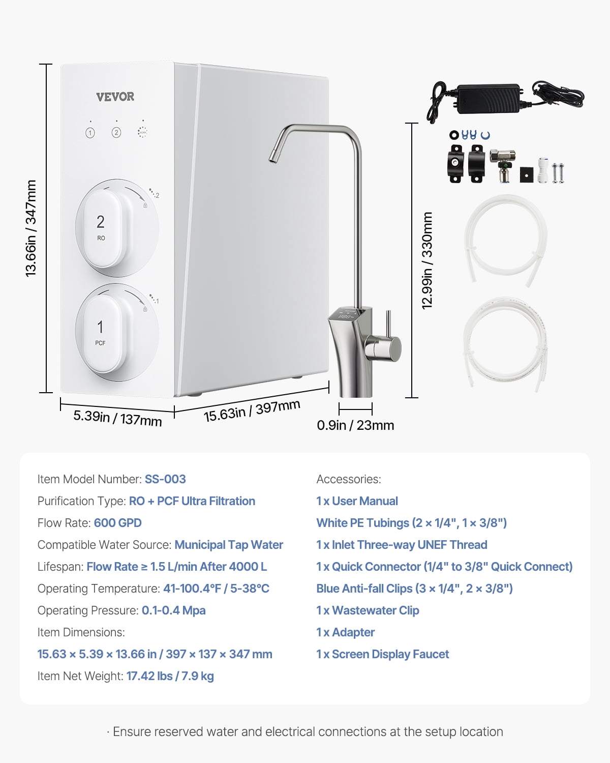 VEVOR Reverse Osmosis System, 600 GPD 8-stage Tankless Reverse Osmosis Water Filter, Under Sink Water Filtration System with Smart Display Faucet, 2:1 Pure to Drain Ratio