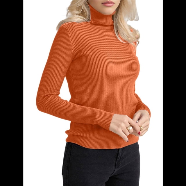 Suéteres Acanalados para Mujer, Lindos Suéteres de Punto de Cuello Alto, Ajustados y Cálidos Naranja un Tamaño