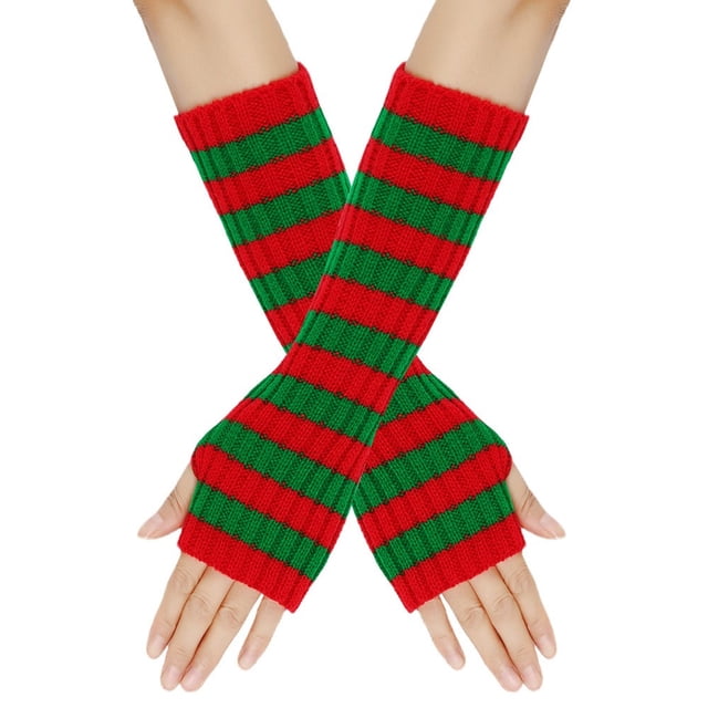 GDREDA Winter Striped Fingerless Convertible Mittens Touchscreen Texting Warm Knitted Handwear For Cold Weather Outdoor Activities Red,One Size