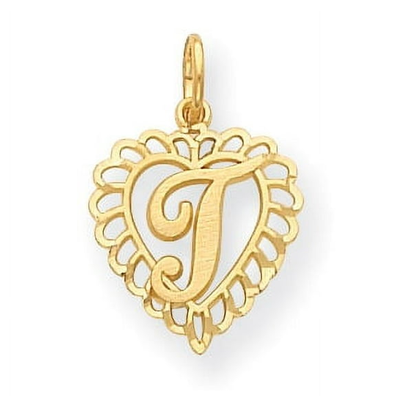 14k Yellow Gold Heart Shape Script Design Letter T Charm Pendant