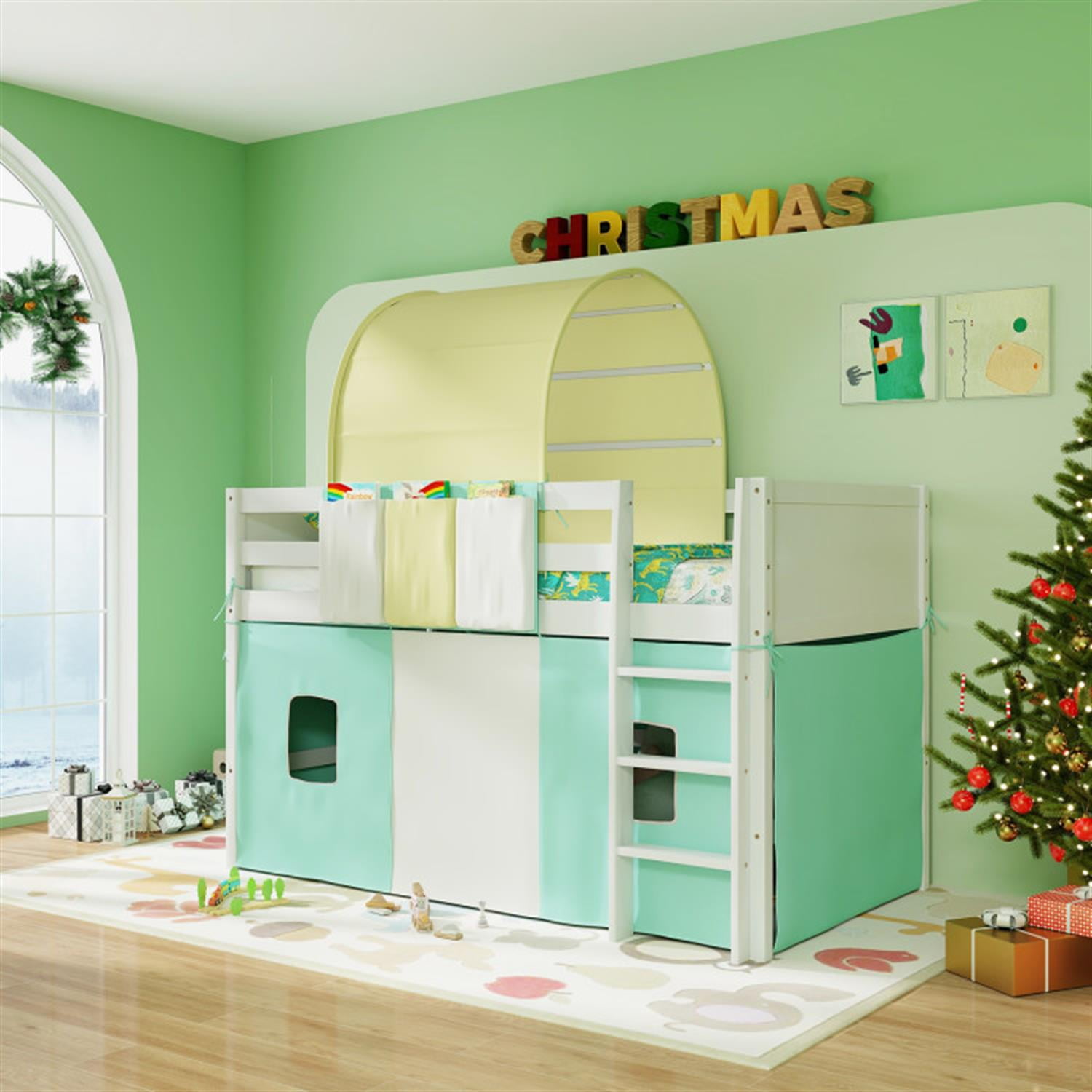 Demi Bonn Loft Bed Twin Size, Solid Wood Low Loft Bed with Tower Tent and 3 Storage Pockets, Modern Wooden Bed Frame, Green