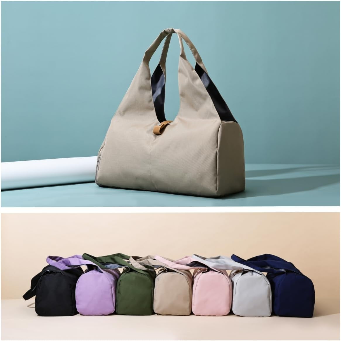 SikaFu Small Gym Bag for Women with Shoe Compartment & Wet Pocket Sports Travel Duffel Bag,Yoga Gym Totes With Mat Holder,Waterproof Carry On Weekender Overnight Bag (Khaki)