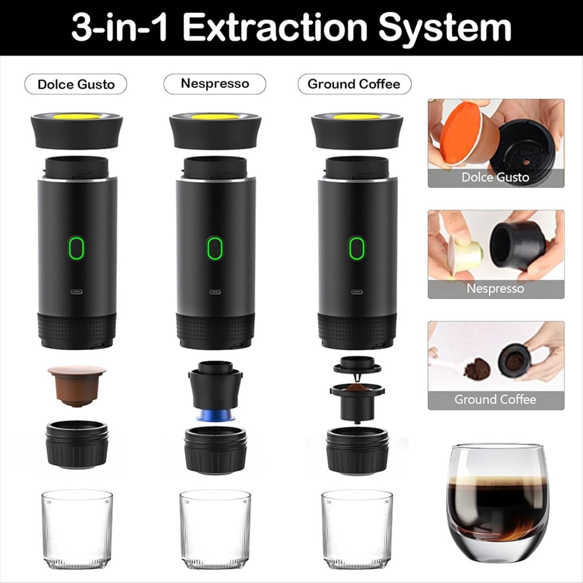 Wireless Electric Portable Espresso Coffee Machine Camping Coffee Maker Capsule Powder Travel Coffee Maker White,1 * portable coffee maker 1 * usb cable 1 * spoon,White