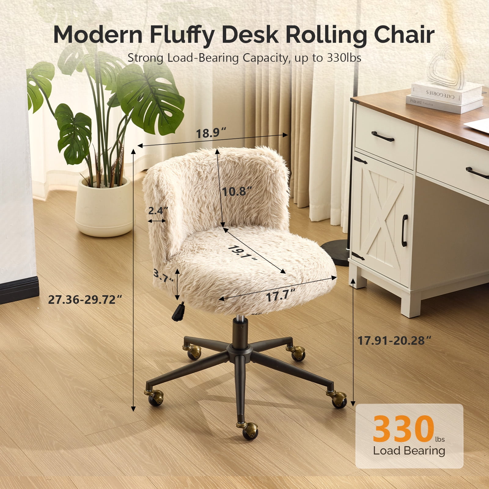 Ktaxon Vanity Chair, Adjustable Desk Chair with Metal Base and Swiveel Casters, Long Pile Fabric Makeup Chair for Women, Ideal for Office,Study and Home Beige