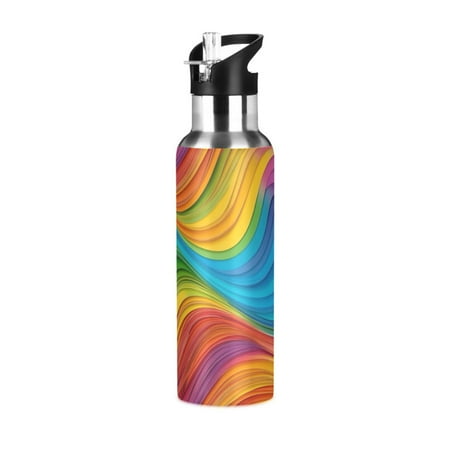 

600/1000ML Stainless Steel Sport Water Bottle with Straw Lid Leak Proof Vacuum Insulated Mug for Outdoor Activities Cycling Running & Walking Rainbow Wavy Lines