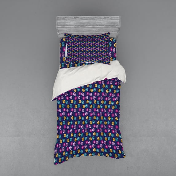 Ambesonne Floral Bedding Set 3 Pcs, Colorful Flowers Love, Twin XL, Indigo and Multicolor
