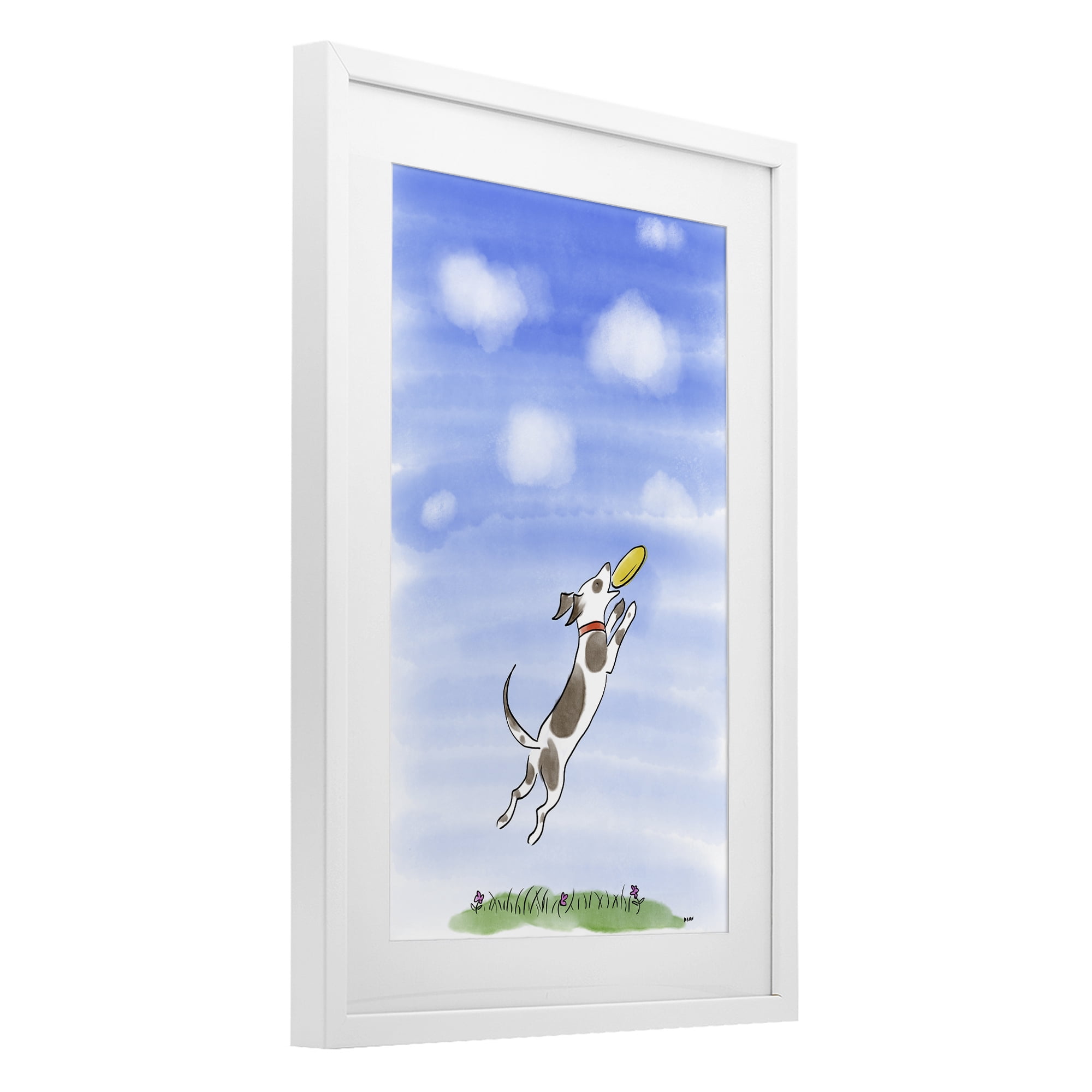 Stupell Industries Dog Catching Frisbee White Framed Print Under Glass, design by Patti Mann
