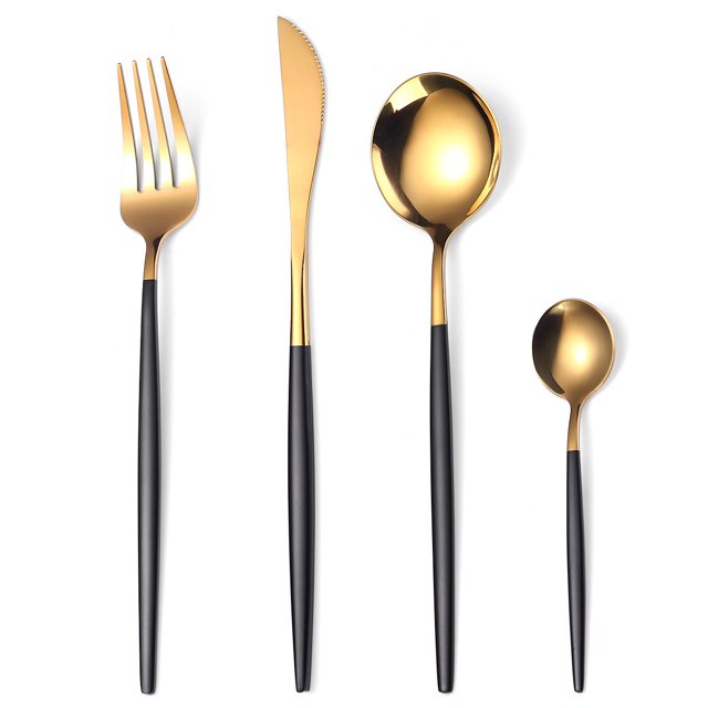 Ensemble de Couverts 4 Pcs 18/10 Ustensiles Réutilisables en Acier Inoxydable Fourchettes Cuillères Couteaux, Couverts Polis Miroir, Idéal pour Réunions de Famille & Usage Quotidien (Or/noir)