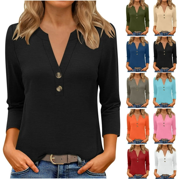 Blusa de manga larga,Blusa informal con cuello en V y mangas 3/4 para mujer, abotonada, de poliéster y elastano, ideal para todas las estaciones, sopatenor