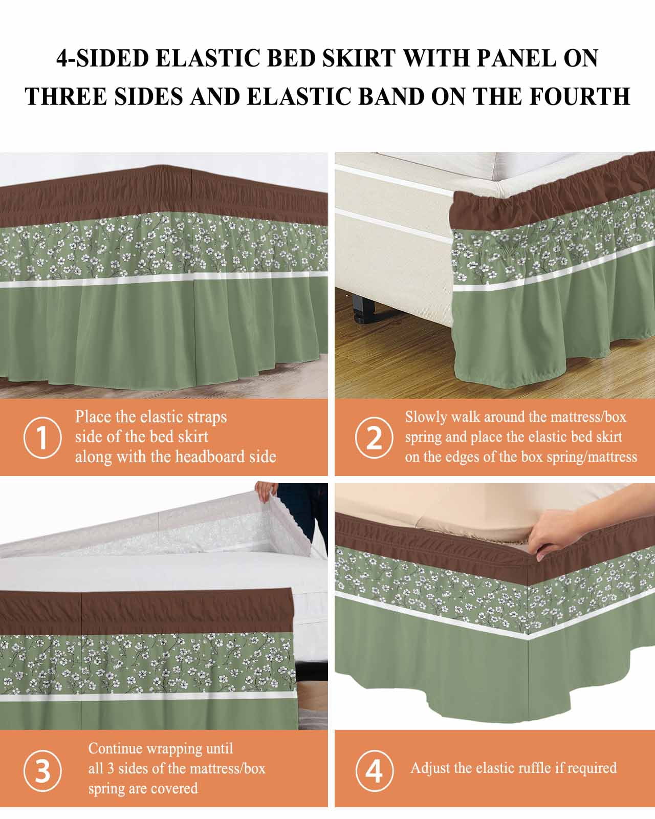 Sage Green Brown Flowers Wrap Around Bed Skirts for King Bed 18" Drop,Bed Skirt with Adjustable Elastic Belt Dust Ruffle Bed Valance for Bedroom Hotel Classic Botanical Art Elegant Bed Frame Cover