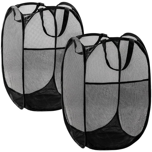Pop Up Laundry Hamper, 70L Collapsible Mesh Laundry Basket with Side Pocket, Foldable Dirty Clothes Hamper with Sturdy Reinforced Handles for Home Dorm Bedroom Travel Storage, Black, 2Pack