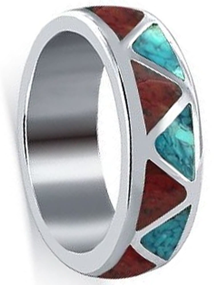Men's Created Red Coral Inlay Solid Sterling Silver Dome Ring 