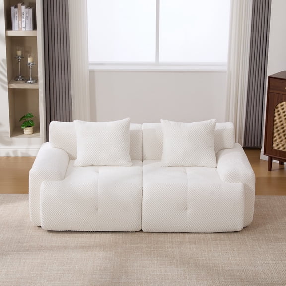 Modular Sectional Loveseat, 73" Tufted Cloud Floor Couch with 2 Pillows, Boneless Sofa for Small Spaces, Ivory.