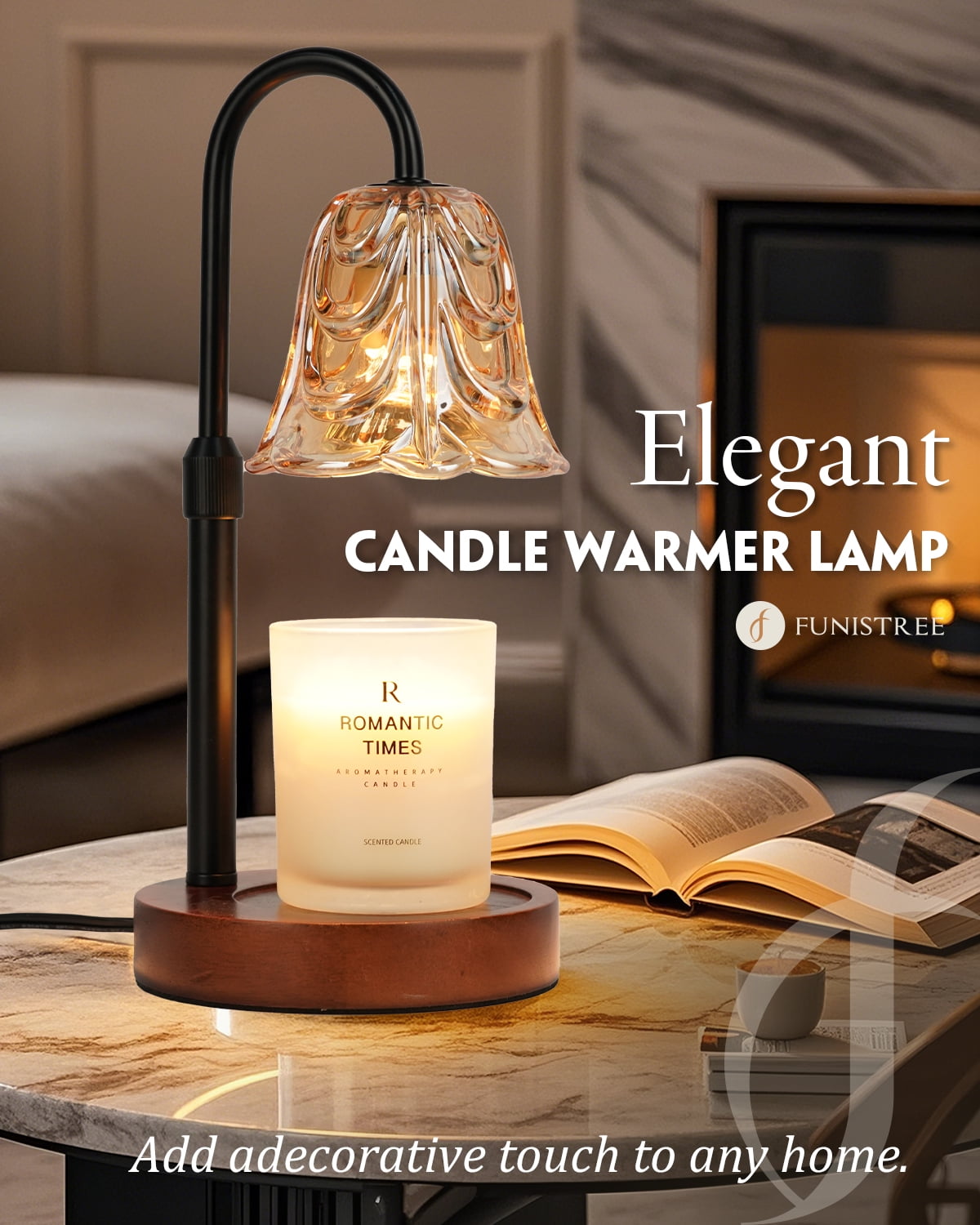 Funistree Candle Warmer Lamp with Timer, Adjustable Amber Wax Warmer for Jar Candles, Cute Wood Base Wax Melter for Women Daughter Girl, House Warming Birthday Gift