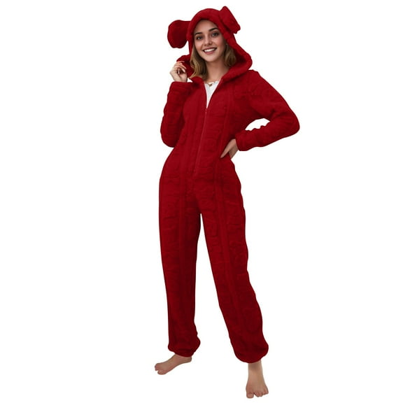 Women's Fuzzy Onesies Pajamas Sherpa Fleece One Piece Romper Zipper Cute Hooded Jumpsuit Pajama Loungewear (XL, Red)