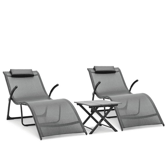 Magshion Patio Chaise Lounge Chairs Set of 3, Outdoor Beach Pool Reclining Chairs with Side Table and Removable Pillow, Chaise Lounger for Backyard Porch, Grey