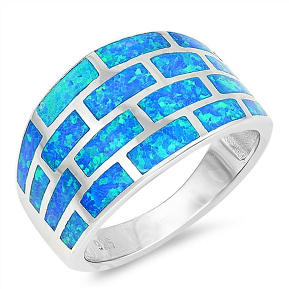 CHOOSE YOUR COLOR Blue Simulated Opal Wide Geometric Statement Ring .925 Sterling Silver Band CZ Female Size 6