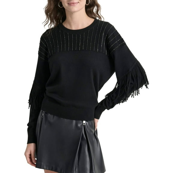 DKNY womens Fringe Sweater, m, Black