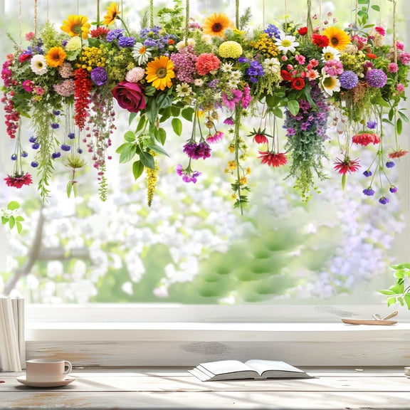 Colorful Floral Bouquet Window Stickers – 12 x 24 Inch Flower Window Clings for Glass – Double-Sided Floral Film for Kitchen, Bathroom, Office Decoration – 1 Piece