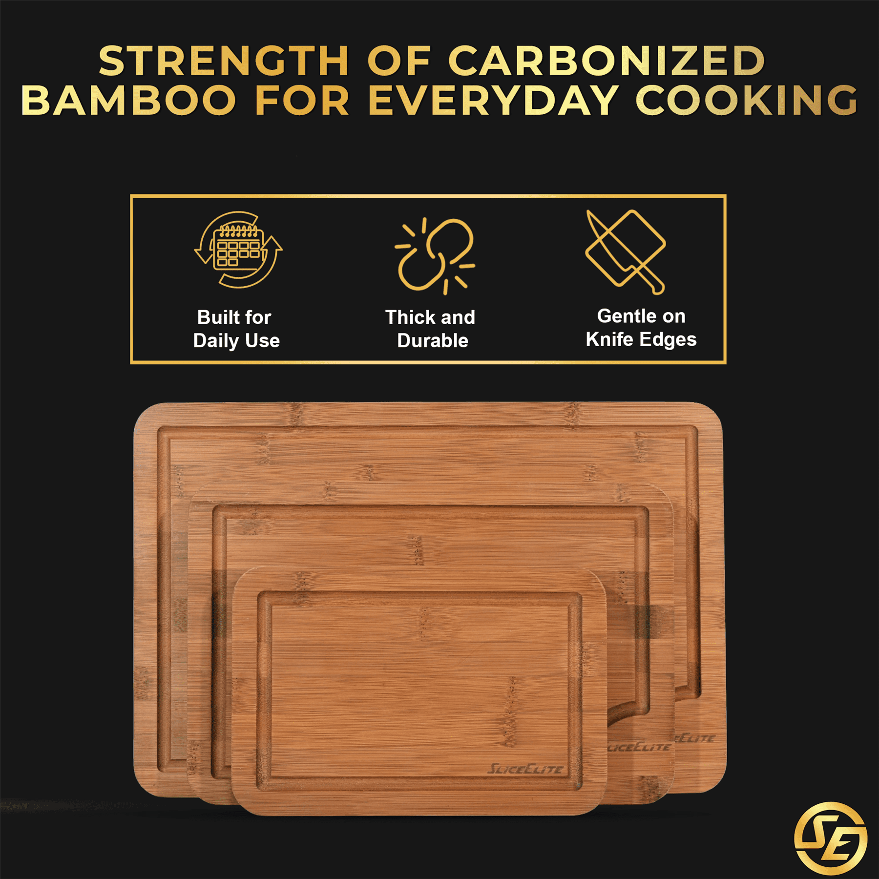 SliceElite Rich Brown Carbonized Bamboo Cutting Board Set 3 Piece Kitchen Boards