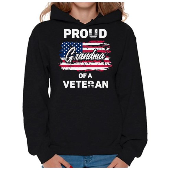Awkward Styles Proud Grandma of a Veteran Hoodie One Nation Patriotic Hooded Sweatshirt for Grandma Independence Day Proud Grandma Hooded Sweater Grandma Gifts USA Veteran Hoodie for Grandma