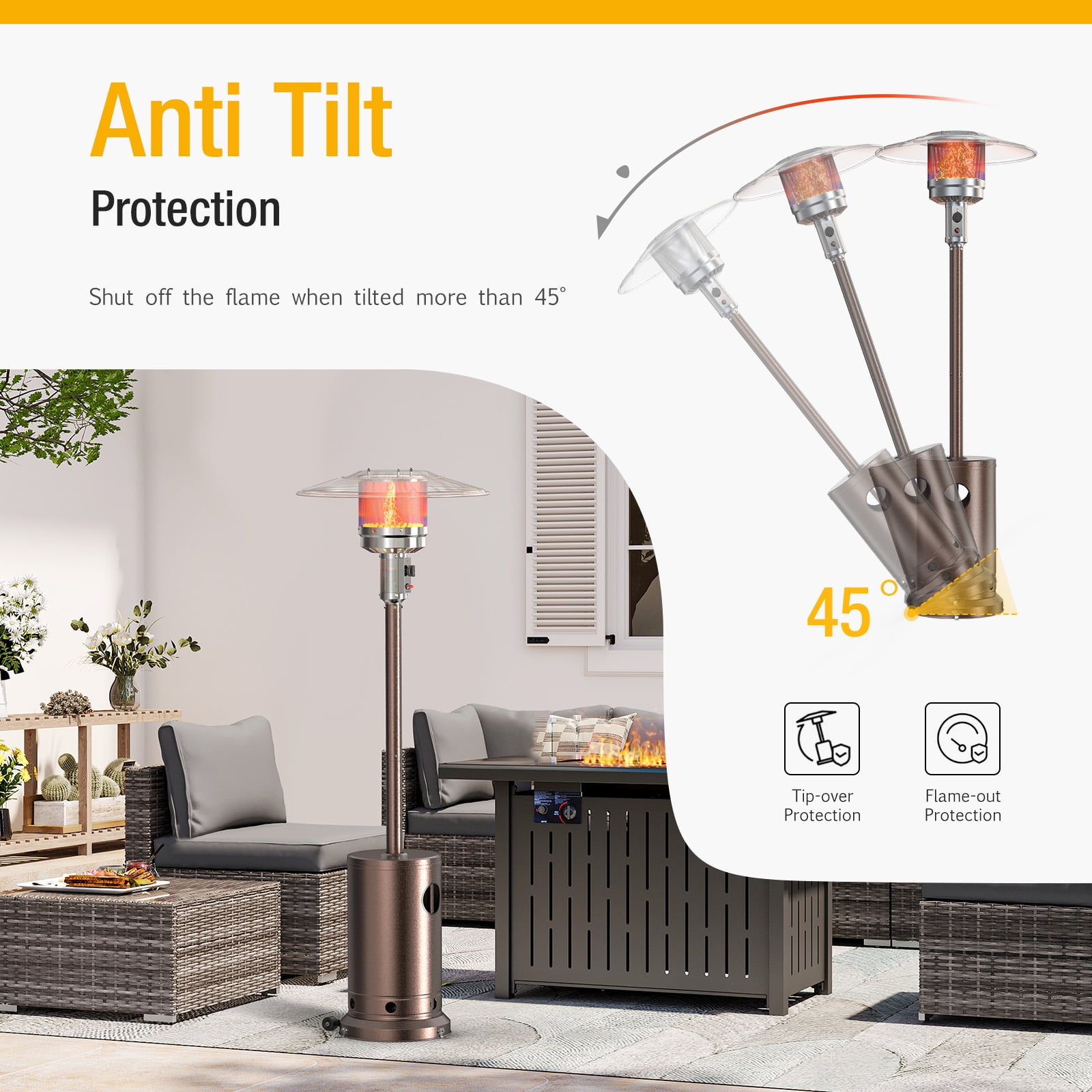 GIANNA 48,000 BTU Propane Patio Heater, Comes with Double Heating Grid and Wheels，Portable Design for Home, Commercial, Brown