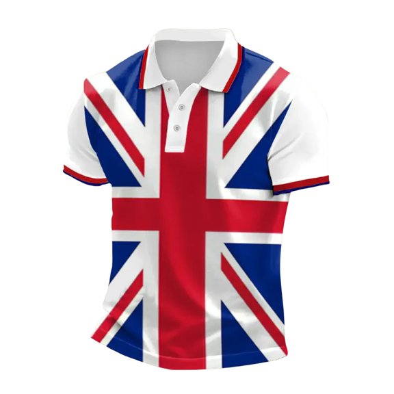 Telankuip Male UK Flag Full-Printed Casual Business Casual Polo Shirts 2026 Summer Fashion Short Sleeve Button Lapel Print Festive Celebration Top for Men Loose Cozy Outfit White XL