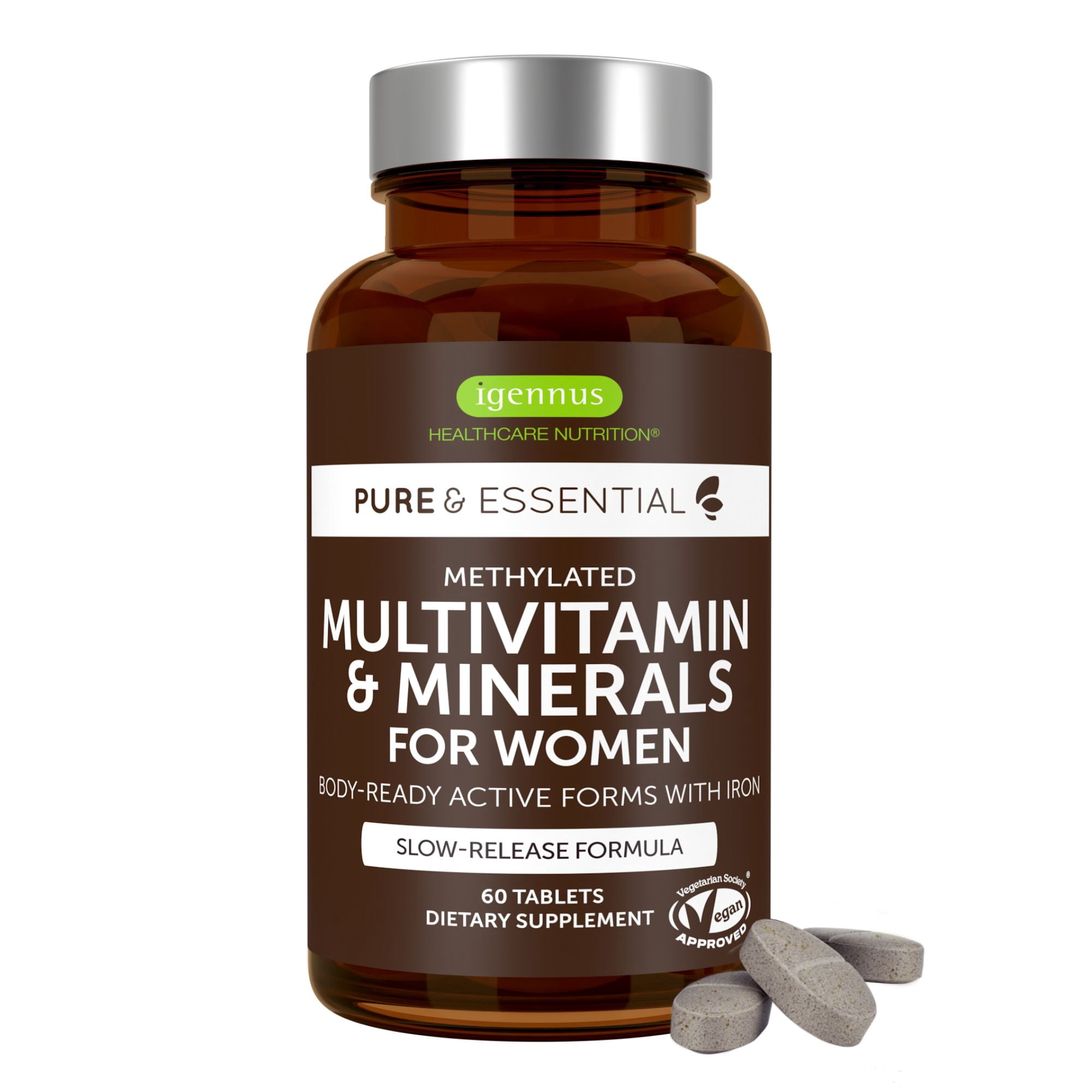 Igennus High Potency Methylated Multivitamin for Women with Gentle Iron | 5-MTHF Folate & Methylcobalamin B12, Pure & Clean, Sustained Release, Active B-Complex & K2 MK-7, Non-GMO, 60 Vegan Tablets