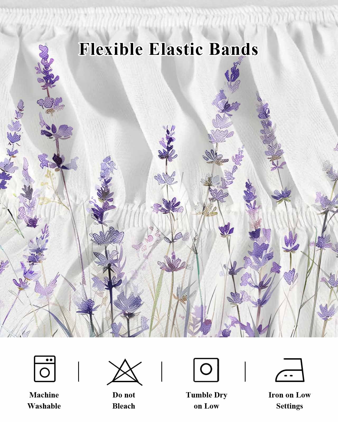 Lavender Floral Wrap Around Bed Skirts for Queen Bed 18" Drop, Bed Skirt with Adjustable Elastic Belt Dust Ruffle Bed Valance for Bedroom Hotel Luxury Spring Flowers Botanical Plants Bed Frame Cover