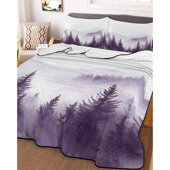 Purple Mist Forest Full Size Down Alternative Comforter, Lightweight Comforter Quilt Bedding Set with Pillow Shams Simple Trees Mountains Landscape All Seasons Bed Comforter Duvet Insert 78"x90"