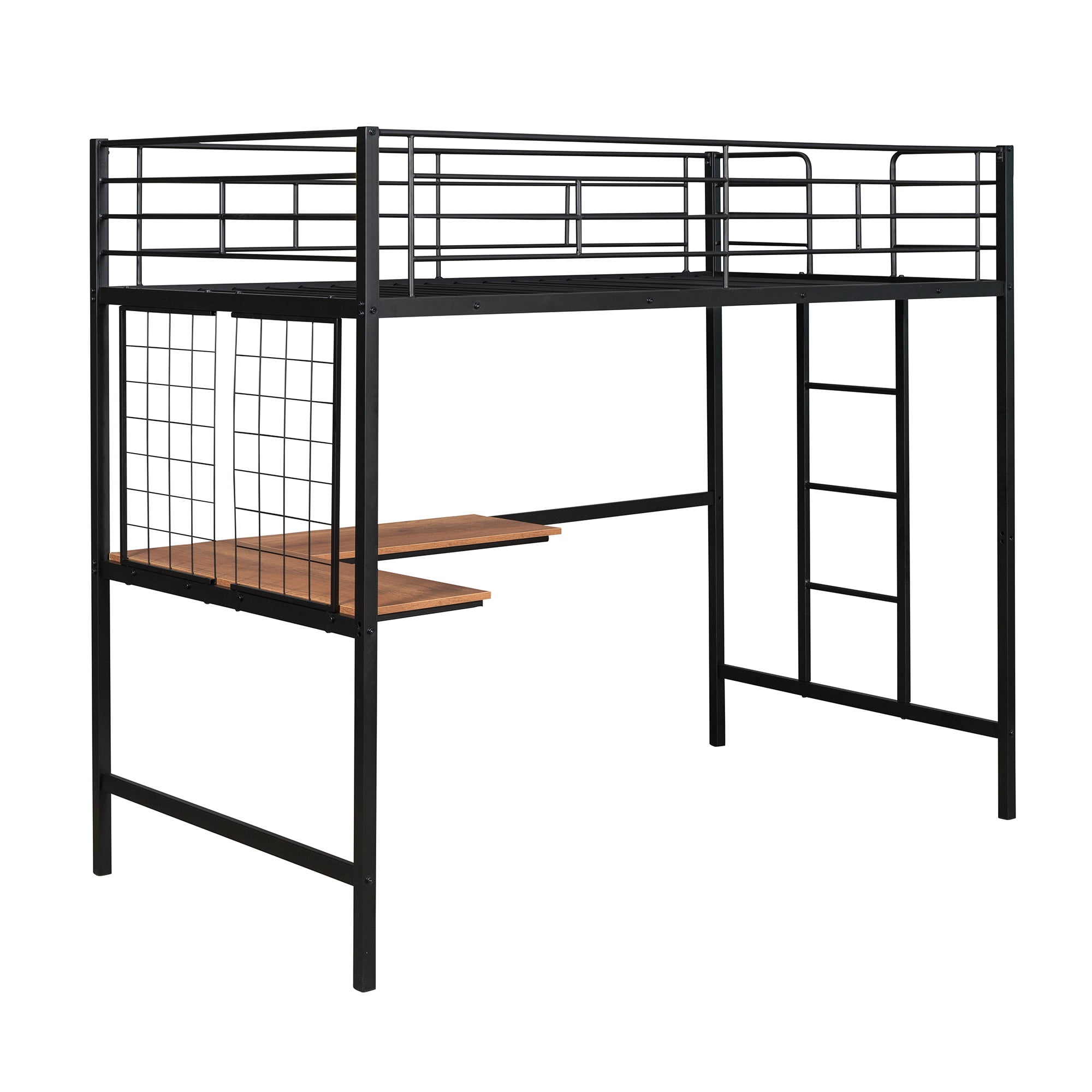 Gewnee Twin Size Metal Loft Bed Frame with L-Shape Desk and Metal Grid for Kids,Teens, Black
