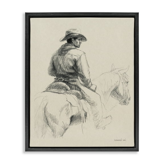 Stupell Industries Cowboy & Horse Sketch People Drawing Black Floater Framed Canvas Art Print Wall Art, 17 x 21