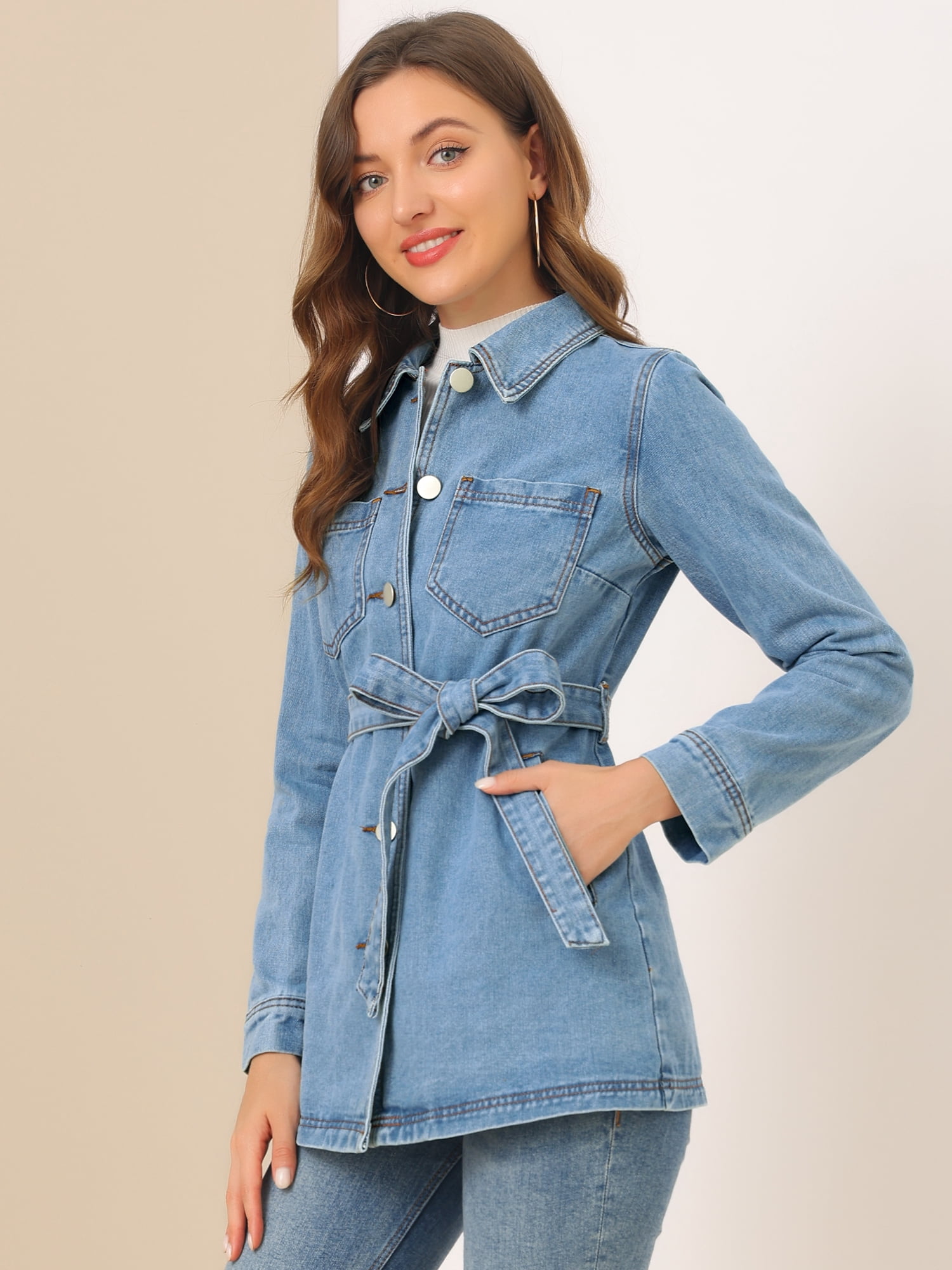 DARING DIVA Woman's Boyfriend Tie Waist Denim Jacket with Pockets XXL Blue