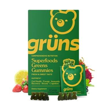 Gruns Adult Superfood Greens Gummies, with 60 Organic Ingredients, 21  Vitamins & Minerals, Prebiotics And Fiber For Digestion, Adaptogens, Spirulina & Chlorella, 12 Servings