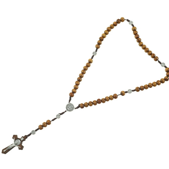 HHGBAD St Benedict Rosary Necklace, Wooden Beads, Unique Spiritual Jewelry, Long Chain with Crucifix, Perfect Gift for Confirmation, Baptism, and Religious Occasions