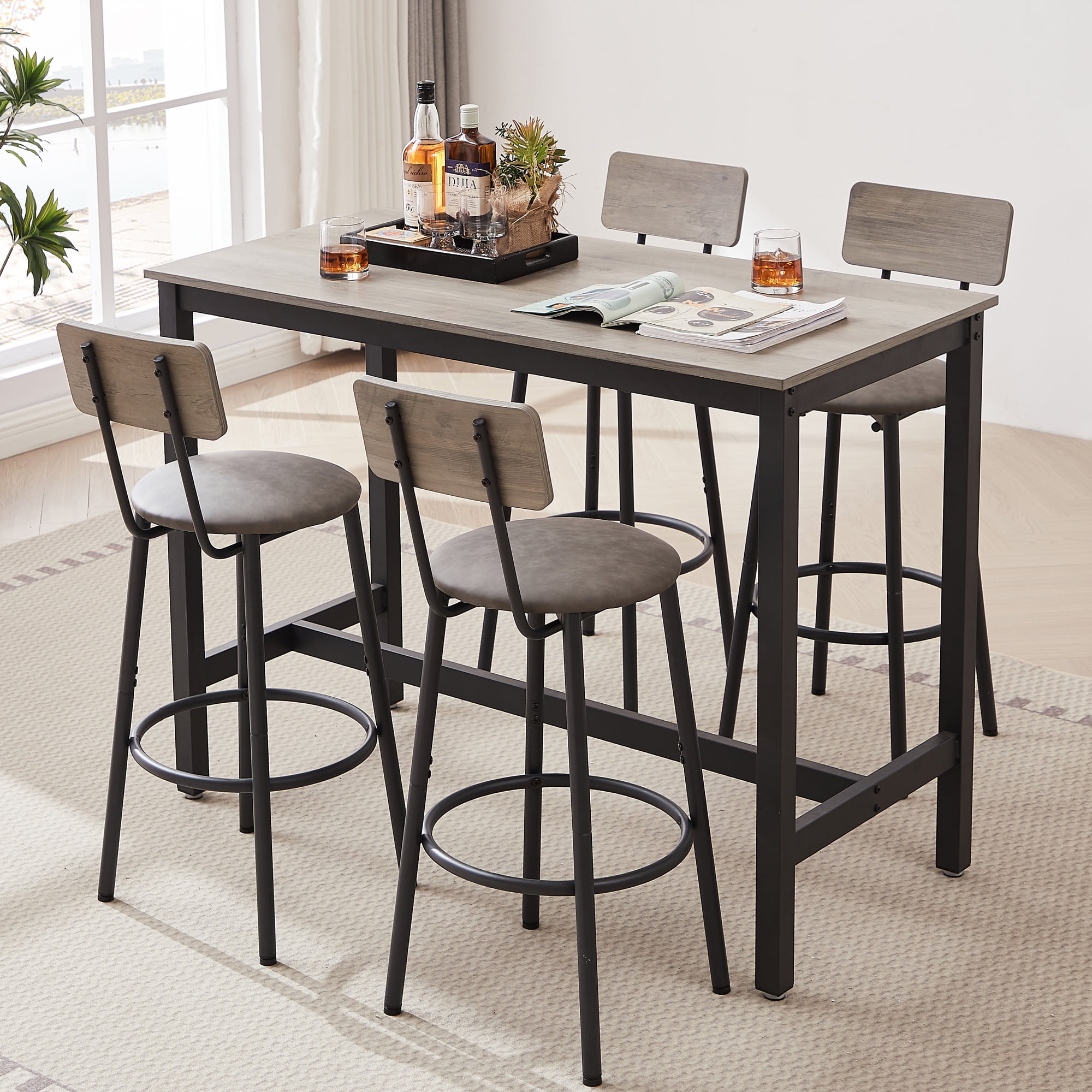 5 Pieces Dining Table Set, Counter High Pub Table Set with 4 Chairs