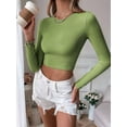 thumbnail image 2 of Women'S Backless Long Sleeve Ribbed Knit Crop Top Slim Fit Crew Neck Twist Back Cut Out Fitted Shirt Green L, 2 of 8