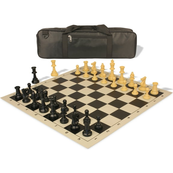 Standard Club Carry-All Plastic Chess Set Black & Camel Pieces with Vinyl Rollup Board - Black