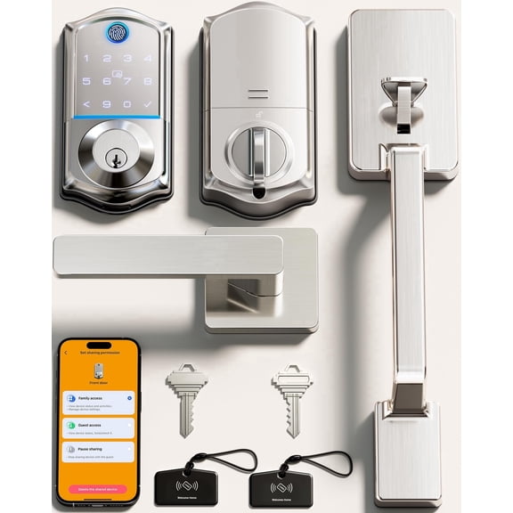 Veise VE017-D Fingerprint Smart Front Door Lock Set, Satin Nickel | 8-in-1 Keyless Entry, App Control, Fob Unlock, Auto Lock, Touchscreen Keypad, Deadbolt with Lever Handle, IP55 Weatherproof