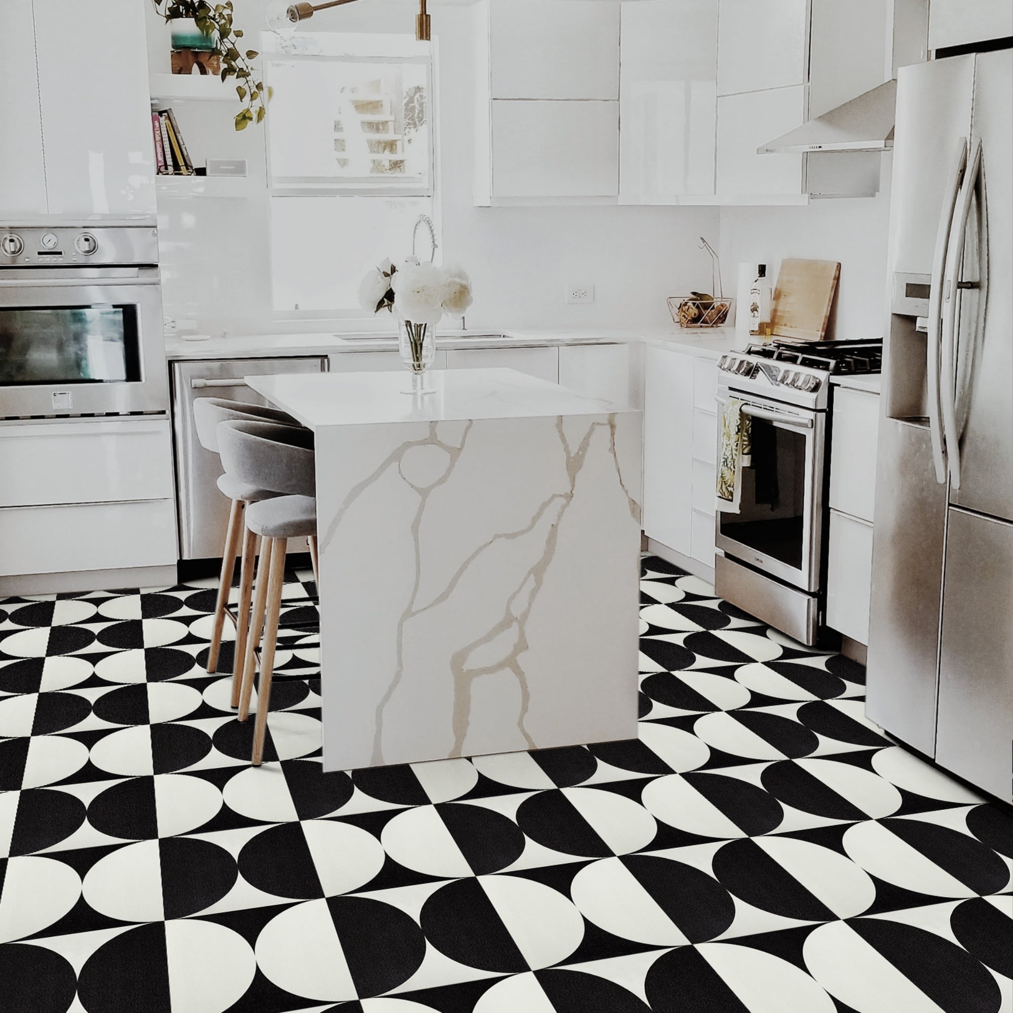 (4 pack) Abyssaly 12" x 12" Black and White Peel and Stick Floor Tile Vinyl Flooring Peel and Stick Flooring for Kitchen, Dining Room, Bedroom (10Pcs)