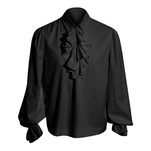 Ploknplq Men's Leisure Pirate Shirt Medieval Renaissance Relaxed Fit Hip Length Ruffle Long Sleeve Lacing Black M