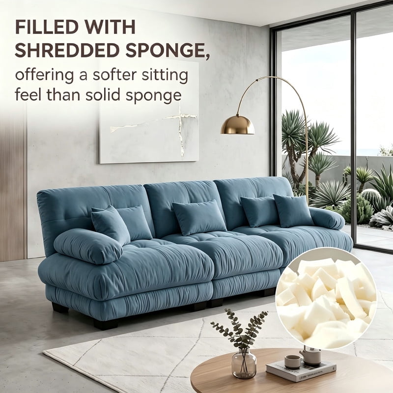 ANPPORT Cloud Couch Sleeper Sofa, Chenille Blue 3-Seater Modular Sofa, 3 Lumbar pillows, 2 Pillows, Comfy Deep Seat Cloud Sofa, Convertible L-Shaped Floor Couch for Living Room