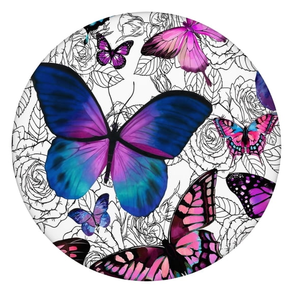 Purple Butterfly Rose Pattern Round Fitted Tablecloth with Elastic Edge,Dining Table Cover Waterproof,Outdoor Round Tablecloth for Camping,Dining,Indoor and Outdoor
