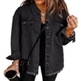 thumbnail image 1 of Vetinee Women‘s Oversized Button Up Frayed Hem Denim Jacket Button Down Long Sleeve Pockets Jean Jacket Size S-2XL, 1 of 7