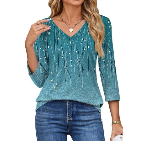 Fantaslook V Neck T Shirts for Women 3/4 Sleeve Tunic Tops Dressy Casual Blouses Boho Basics Tee Summer Fall Clothes