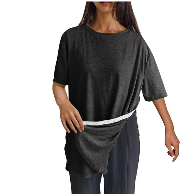 Timegard Hauts pour Femmes Col Rond Manches Courtes Bouton Latéral Couleur Unie Confortable Décontracté Blouse Ample