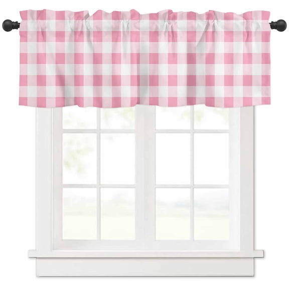 Hokiten Rod Pocket Curtain Valance, Pink White Plaid, Farmhouse Window Valance for Living Room, Bedroom, Kitchen Contemporary Simple Buffalo Plaid Check 42"W x 12"L