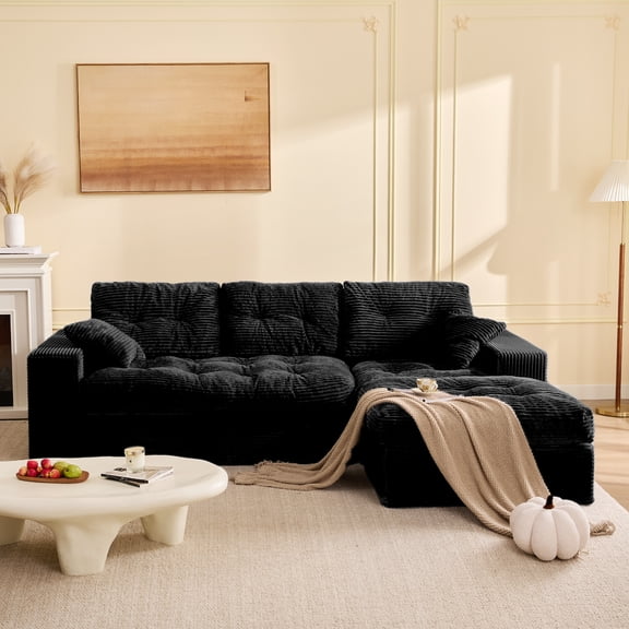 BIGSYY Modular Sectional Sofa, 102” L-Shaped Corduroy Couch with Ottoman, Deep Seat Comfy Sectional for Living Room, Soft Upholstered Cloud Couch for Apartment, Black
