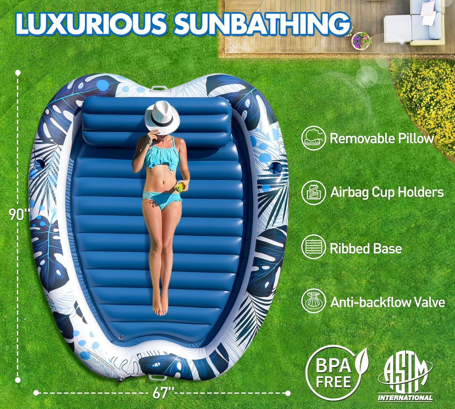 2026 Deluxe Inflatable Tanning Pool for 2 Person, 90x67Inch Tanning Pool Lounger Float for Adults, Blow Up Tan Water Bed Suntan Tub with Cup Holders, Personal Sunbathing Pools for Backyard